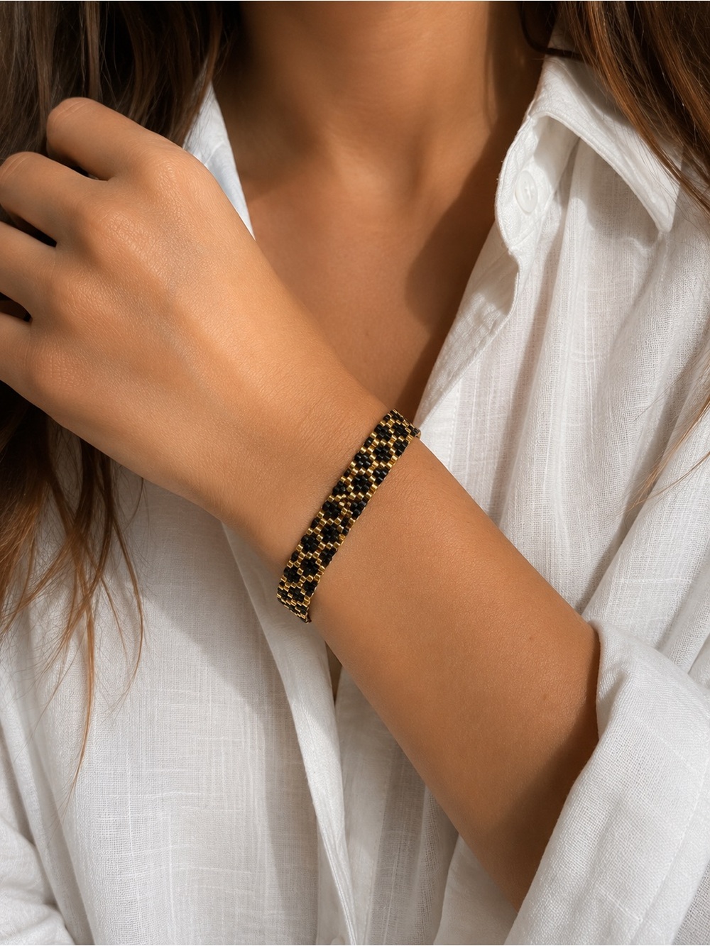 Handmade Gold and Black Beaded Stretch Bracelet - Women's Fashion Jewelry